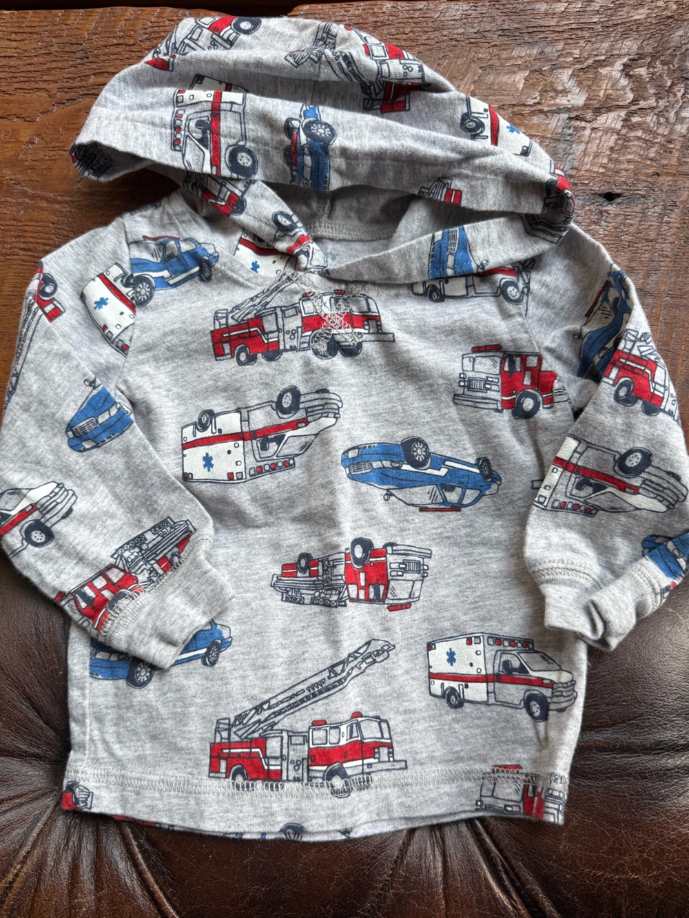 Kids Grey Hoodie with Red & Blue Emergency Vehicle Print